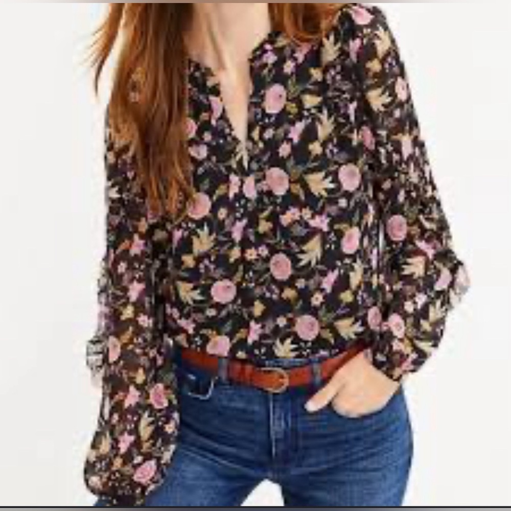LOFT Dark Floral Ruffle Sleeve Blouse Black Pink Boho Top Size Petite Small